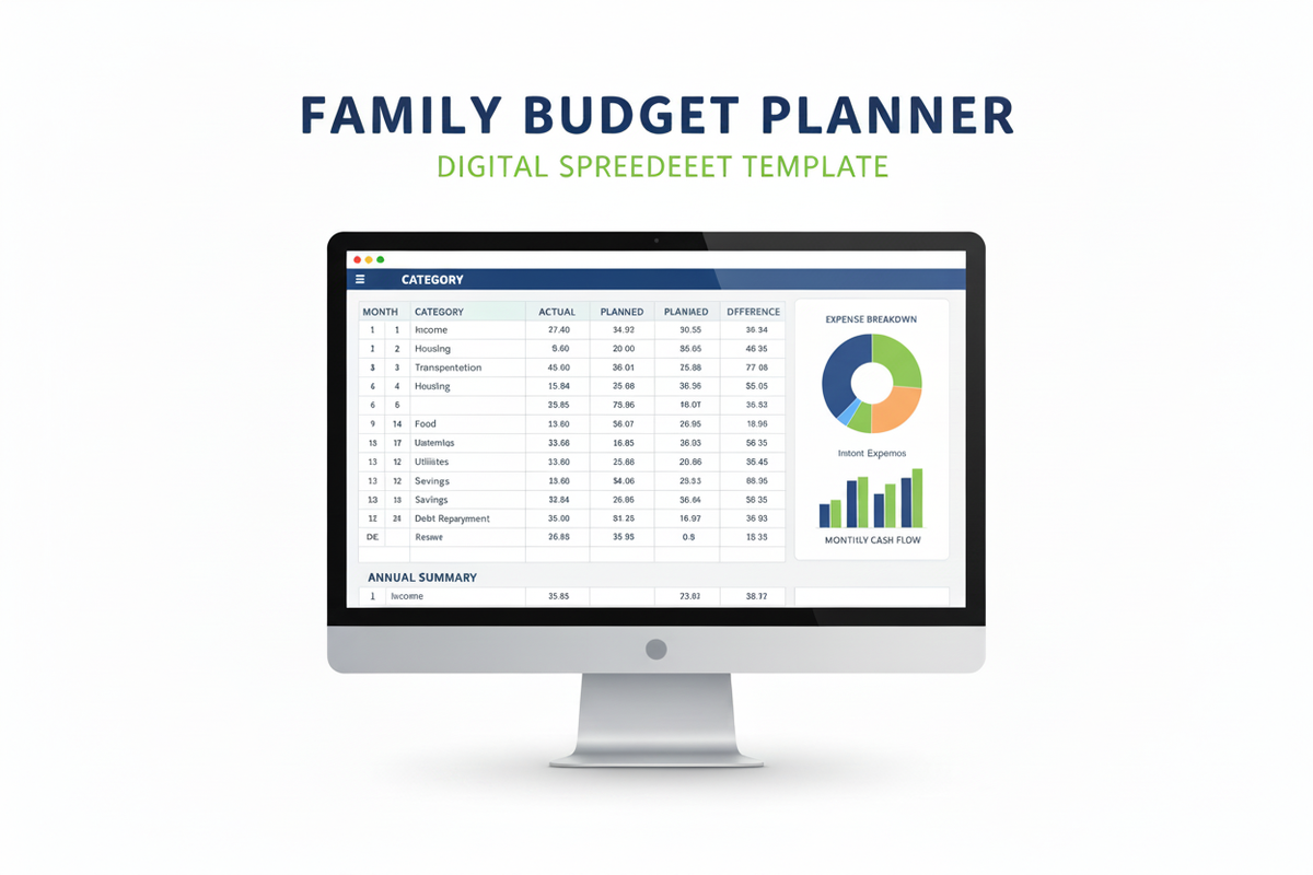 Family Annual & Monthly Budget Planner - PC screen mockup
